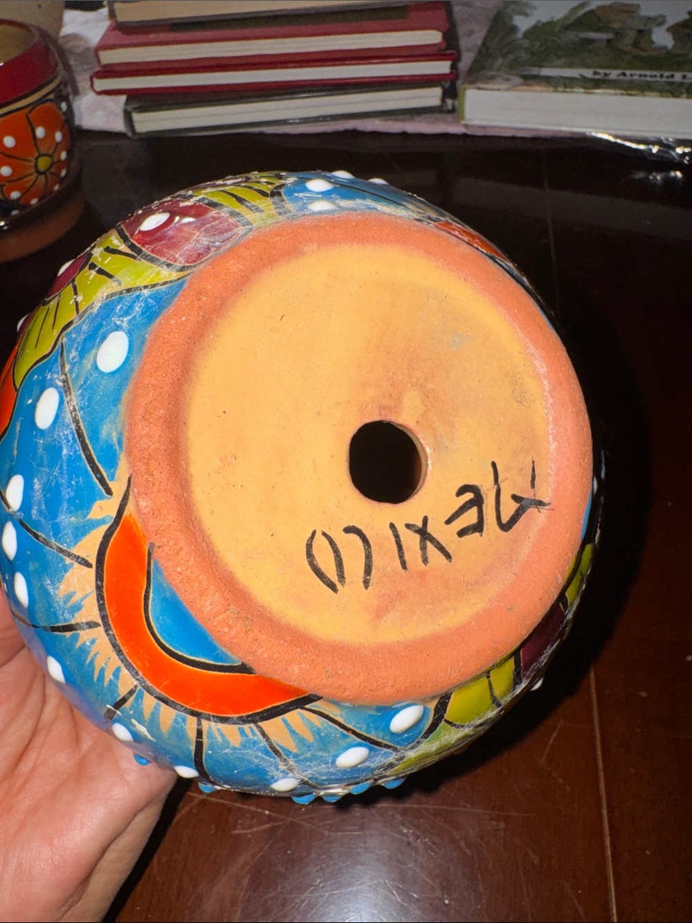 Made in Mexico Handcrafted Orange Floral Ceramic Planter Bowl with bottom tray - Picture 7 of 12